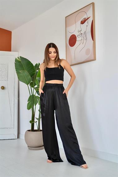 Toptan Siyah Bol Paçalı ve Beli Lastikli Pantolon