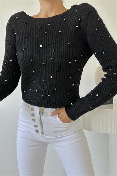 Toptan Siyah Boncuklu Triko Kazak
