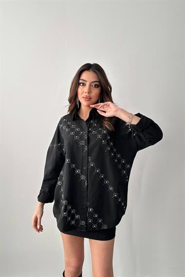 Wholesale Black Dyed Linen Printed Stone Shirt