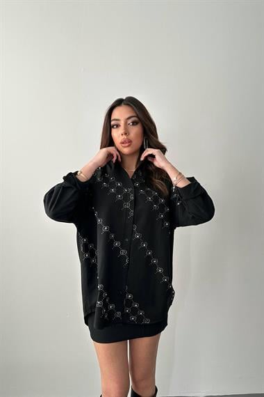 Wholesale Black Dyed Linen Printed Stone Shirt