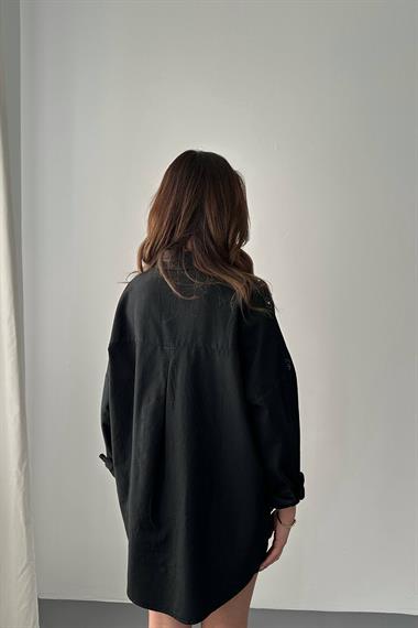 Wholesale Black Dyed Linen Printed Stone Shirt