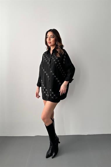 Wholesale Black Dyed Linen Printed Stone Shirt