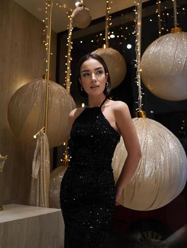 Toptan Siyah Boyundan Bağlamalı Elbise