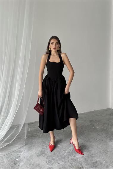 Toptan Siyah Boyundan Bağlamalı Keten Elbise