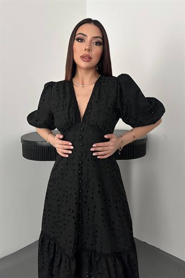 Toptan Siyah Büzgü Detaylı Dantelli Brode Elbise