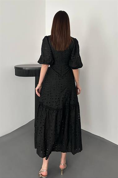 Toptan Siyah Büzgü Detaylı Dantelli Brode Elbise