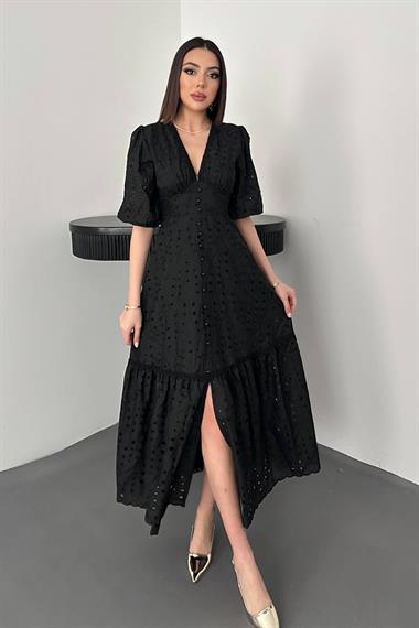 Toptan Siyah Büzgü Detaylı Dantelli Brode Elbise