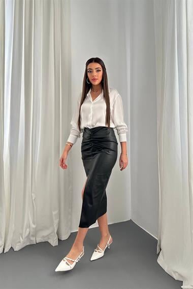 Toptan Siyah Büzgü Detaylı Deri Etek