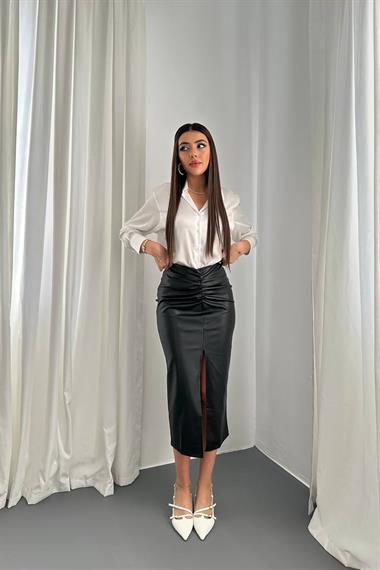 Toptan Siyah Büzgü Detaylı Deri Etek