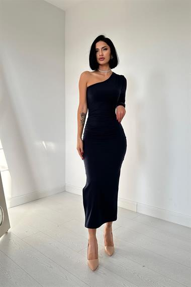 Toptan Siyah Büzgü Detaylı Tek Omuz Elbise