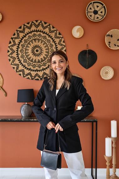 Toptan Siyah Büzgülü Blazer Ceket
