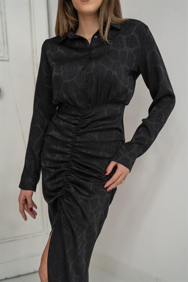 Toptan Siyah Büzgülü Gömlek Elbise