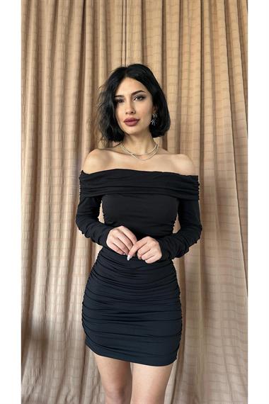 Toptan Siyah Büzgülü Madonna Yaka Elbise