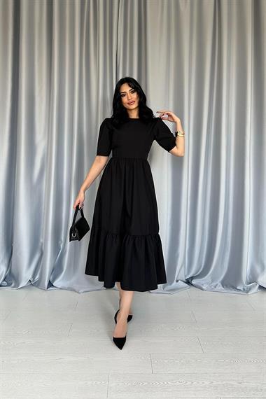 Toptan Siyah Büzgülü Uzun Elbise
