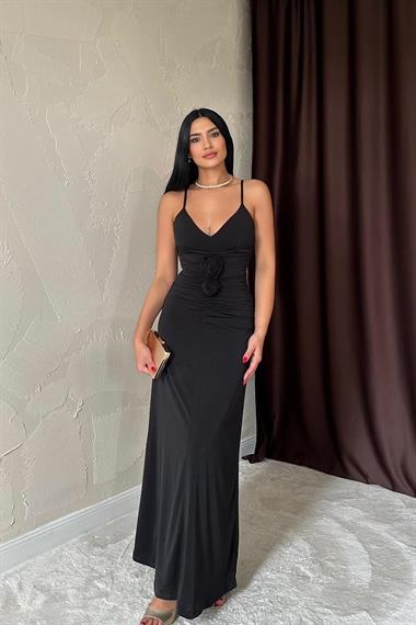 Toptan Siyah Büzgülü Uzun Güllü Elbise