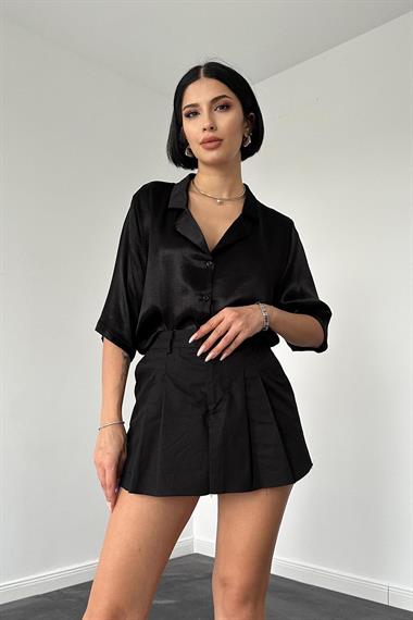 Toptan Siyah Ceket Yaka Floş Yaka Saten Gömlek