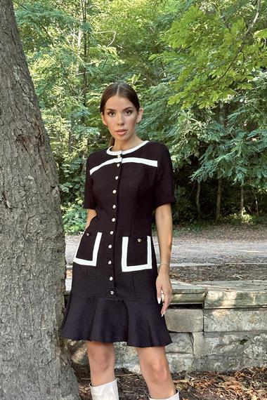 Toptan Siyah Cep Detaylı Düğmeli Elbise