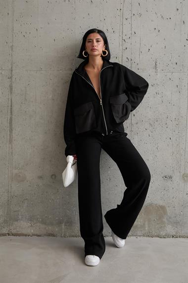 Toptan Siyah Cepli Triko Ceket ve Pantolon Takım