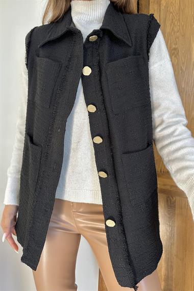 Toptan Siyah Cepli ve Düğmeli Yelek