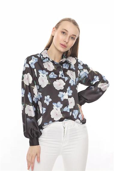 Toptan Siyah Çiçekli Gömlek