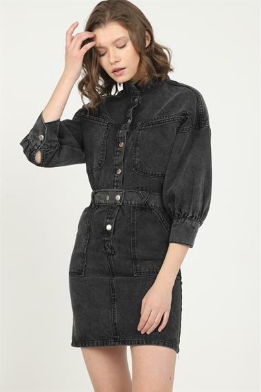 Toptan Siyah Çıtçıtlı Kemerli Kot Elbise