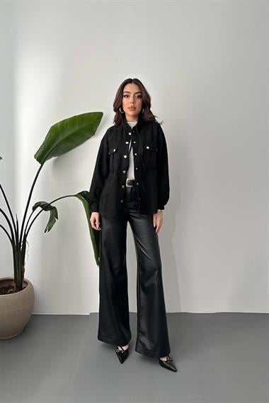 Toptan Siyah Çıtçıtlı Süet Gömlek