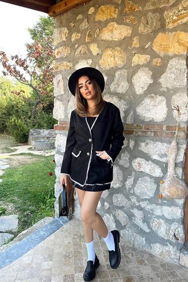 Toptan Siyah Çizgili Astarlı Garnili Süet Ceket