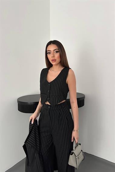 Toptan Siyah Çizgili Ceket & Yelek ve Pantolon Takım