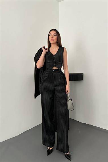 Toptan Siyah Çizgili Ceket & Yelek ve Pantolon Takım