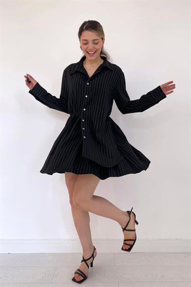 Toptan Siyah Çizgili Gömlek Elbise