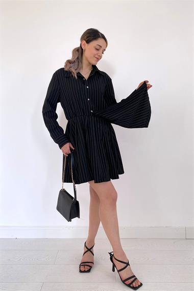 Toptan Siyah Çizgili Gömlek Elbise