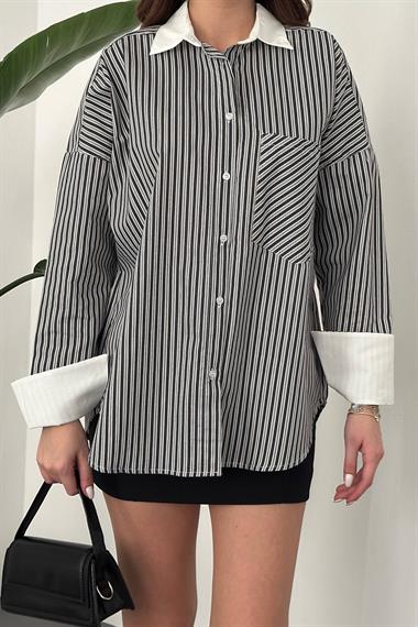 Toptan Siyah Çizgili Poplin Uzun Kol Gömlek