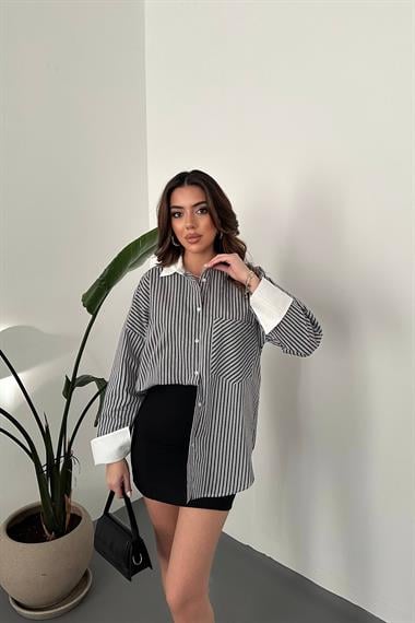 Toptan Siyah Çizgili Poplin Uzun Kol Gömlek