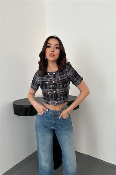 Toptan Siyah Çizgili ve Düğmeli Bluz