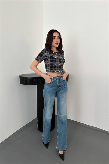 Toptan Siyah Çizgili ve Düğmeli Bluz