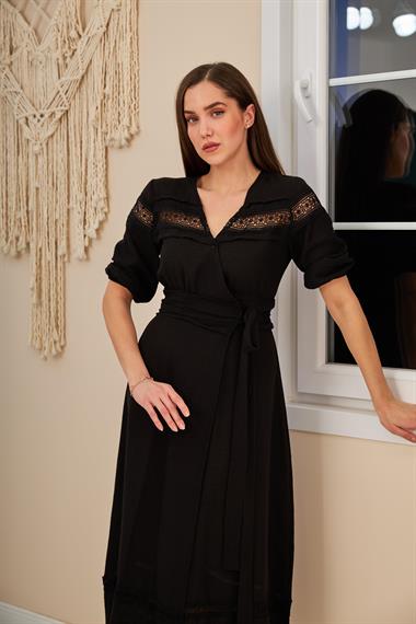 Toptan Siyah Dantel Detay Keten Elbise