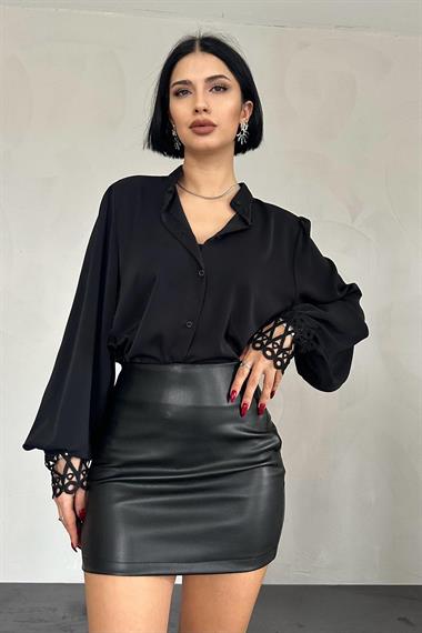 Wholesale Black Lace Detailed Judge Collar Shirt