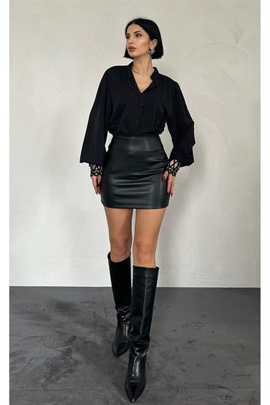 Wholesale Black Lace Detailed Judge Collar Shirt
