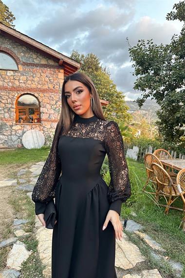 Toptan Siyah Dantel Garnili Büzgülü Atlas Elbise