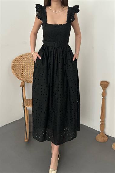 Toptan Siyah Dantelli Brode Elbise