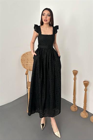 Toptan Siyah Dantelli Brode Elbise