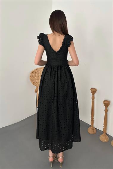 Toptan Siyah Dantelli Brode Elbise