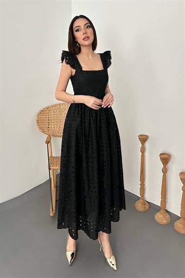 Toptan Siyah Dantelli Brode Elbise