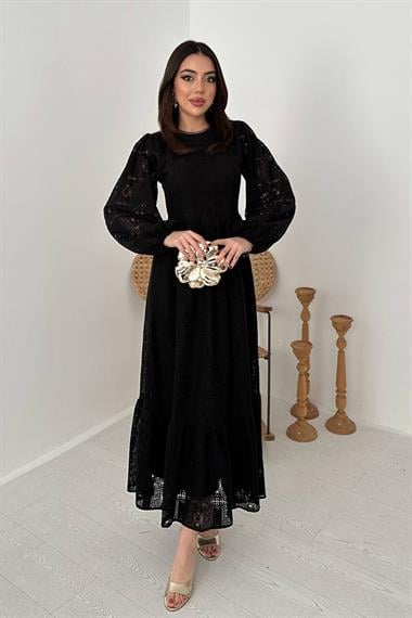 Toptan Siyah Dantelli Elbise