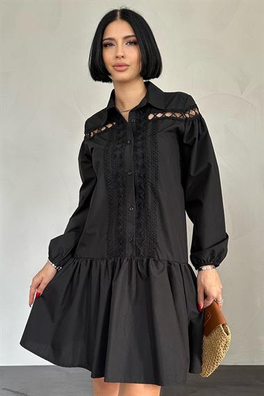 Toptan Siyah Dantelli Gömlek Elbise