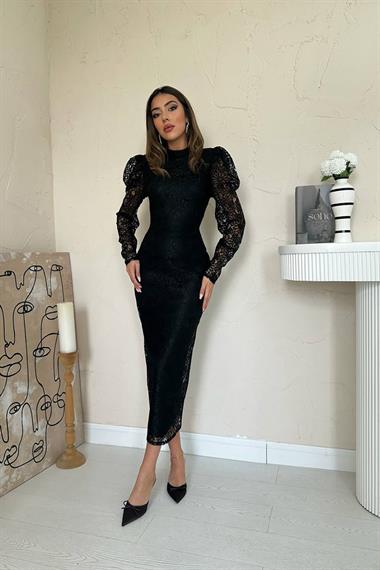 Toptan Siyah Dantelli Kolları Kabarık Elbise