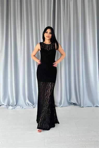 Toptan Siyah Dantelli Kolsuz Elbise