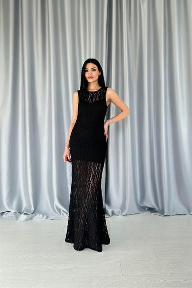 Toptan Siyah Dantelli Kolsuz Elbise