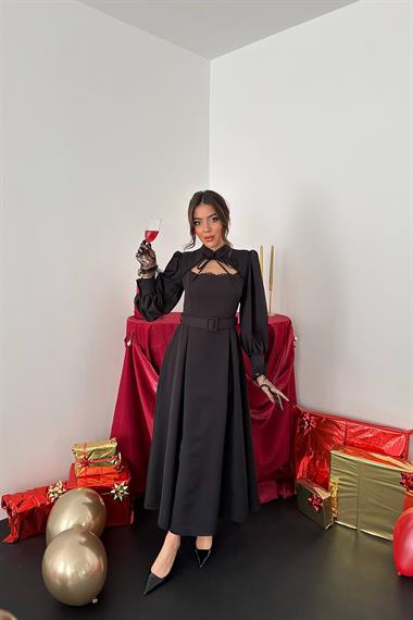 Toptan Siyah Dantelli Kuplu Elbise