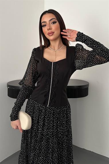 Toptan Siyah Dantelli Taşlı Şeritli Elbise